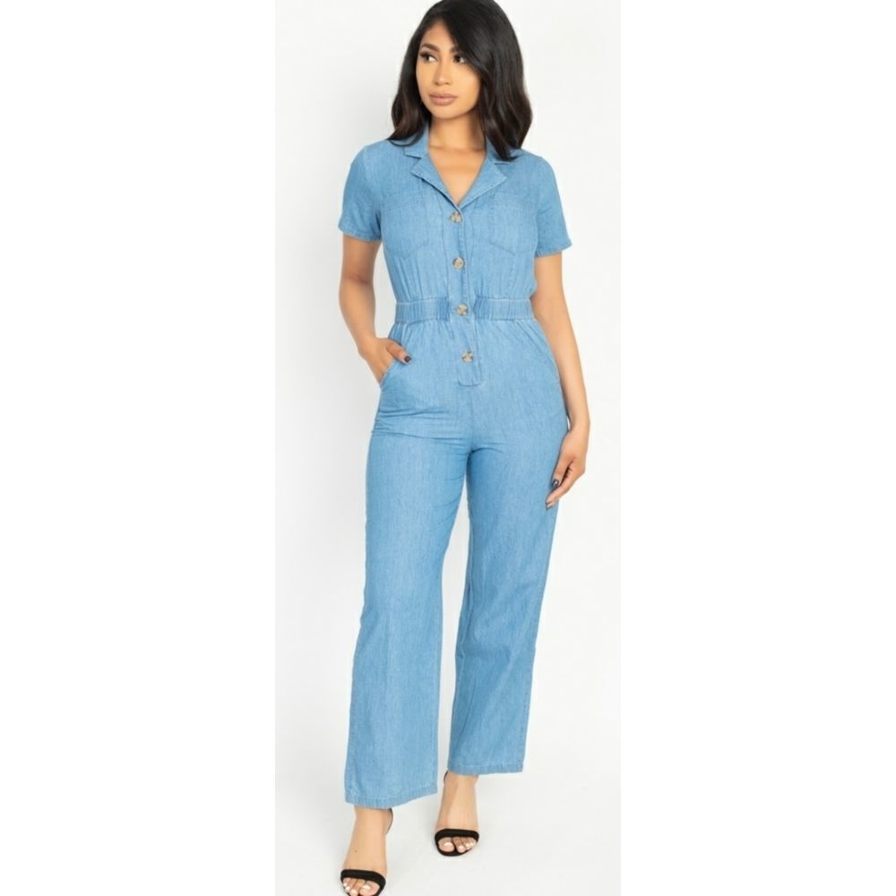 Women's Button Front Short Sleeve Denim Jumpsuit